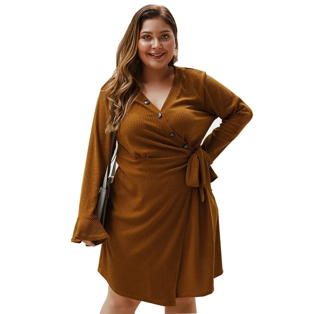 

WEPBEL Spring Autumn Solid Color Slim Lace Up Dress Women's Fashion Flared Sleeves V-neck Single Breasted High Waist Slit Dress