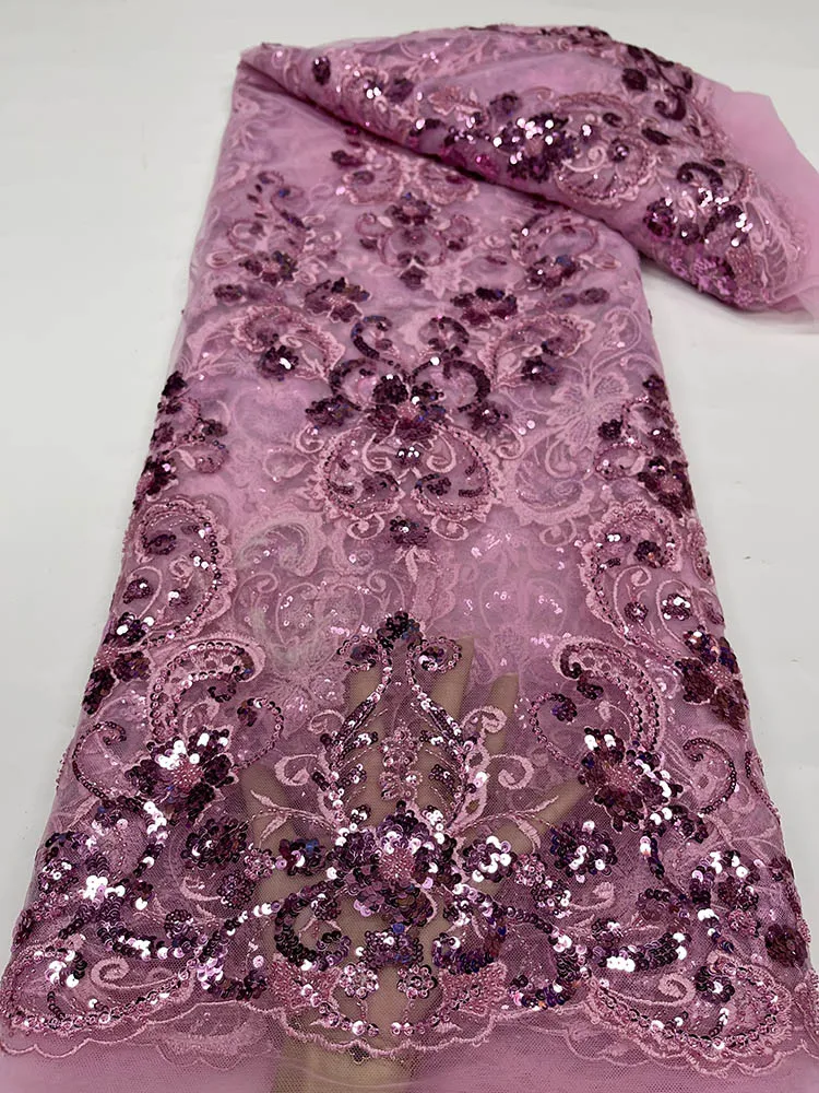 

2022 Высококачественная нигерийская кружевная ткань, вышивка, французские тяжелые бусины, африканская кружевная ткань, Тканый дизайн, розовы...