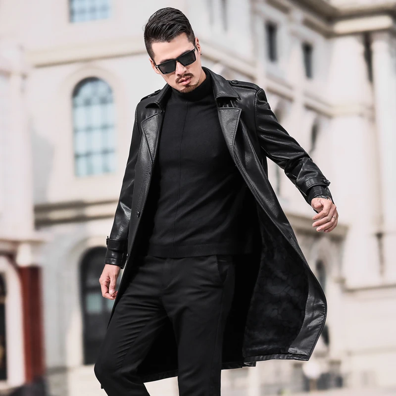 Новая мода осень зима мужская кожаная куртка плюс размер 3XL 4XL длинные черные коричневые мужские пальто кожаные байкерские куртки