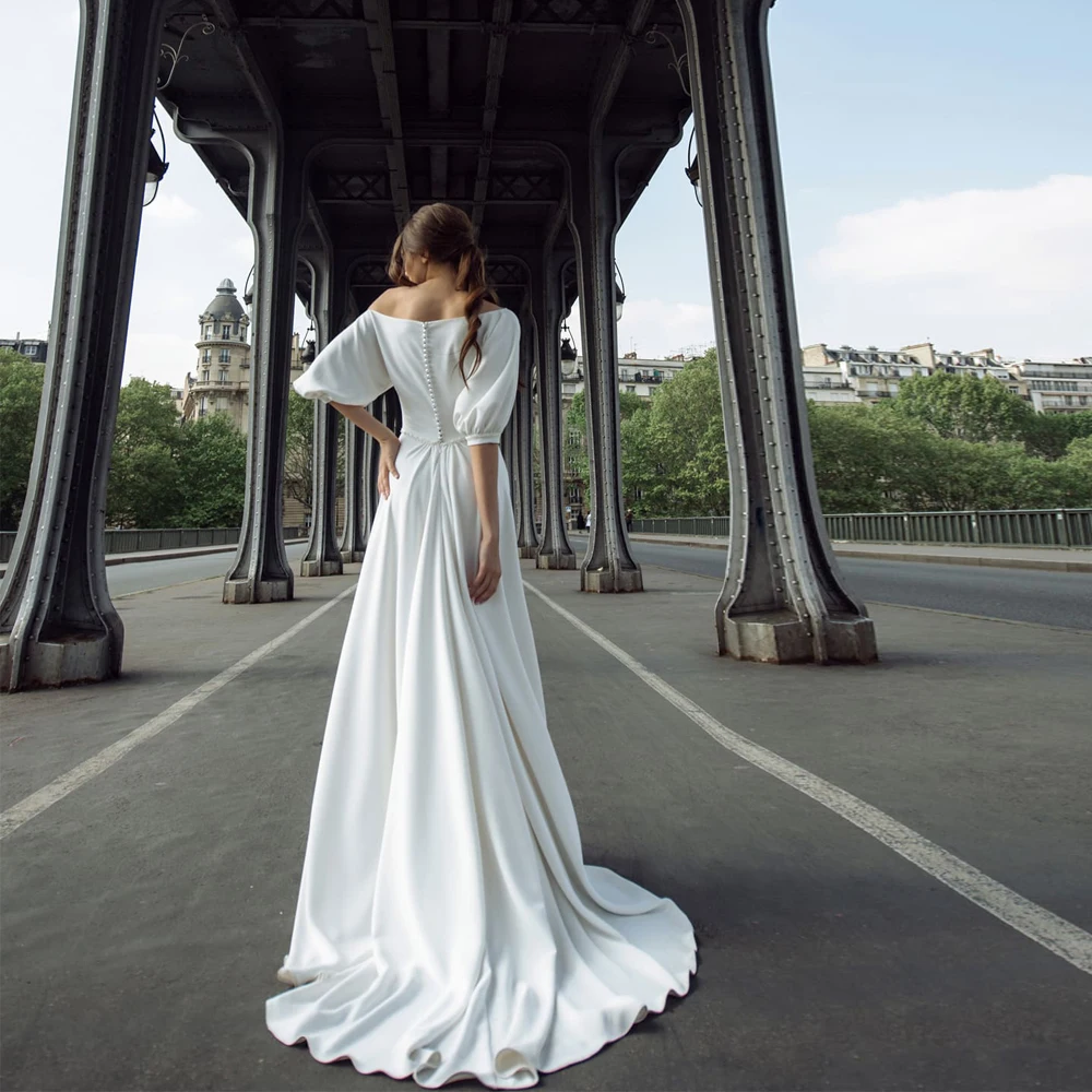 

Vestidos Sexy Wedding Dresses Jersey Pleat Sashes Square Collar Half Sleeve Covered Button A-Line Bridal Gowns Novia Do