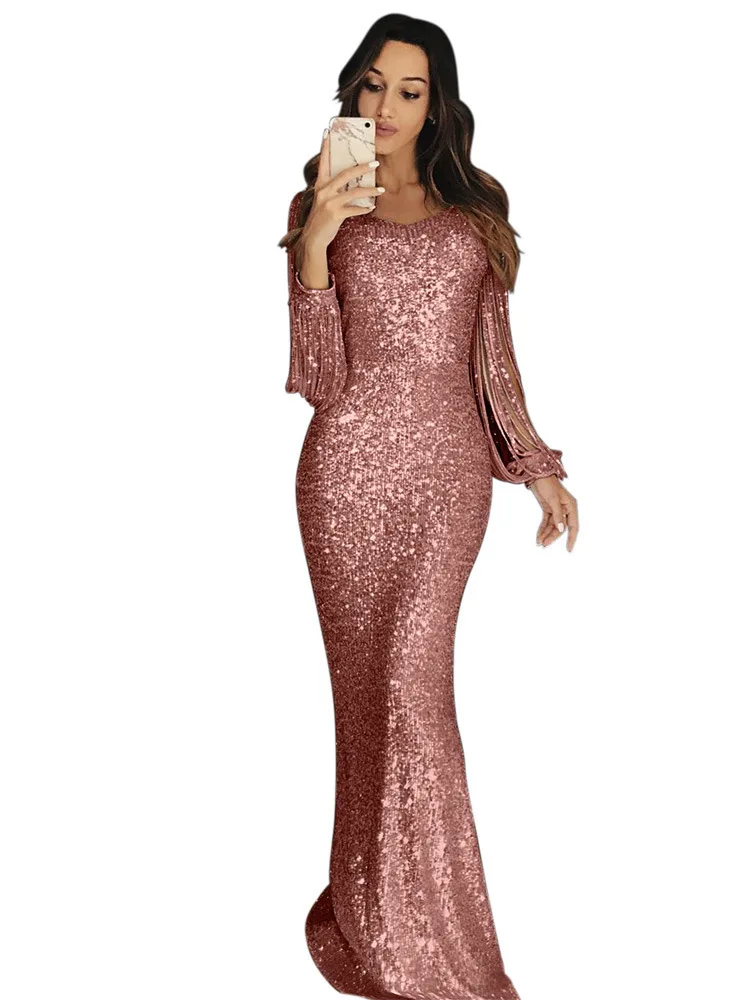 

Sequins Elegant Evening Party Club Dress Bodycon Long Maxi Dress Women Elegant Tassel Long Sleeve Outfit Dress Vintage Vestidos