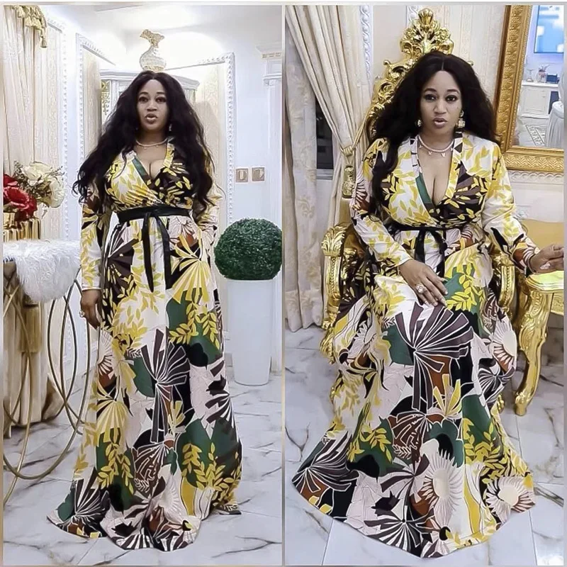 

2021 New Arrival Sexy African Women V-neck Long Sleeve Printing Plus Size Long Dress African Dresses for Women African Clothing