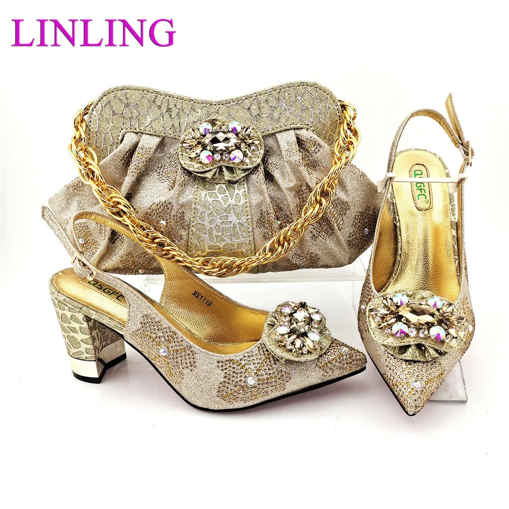 

2021 Hot Selling Golden Color Italian Design Party African Women Shoes and Bag Set With Many shapes Colorful Crystal Decoration