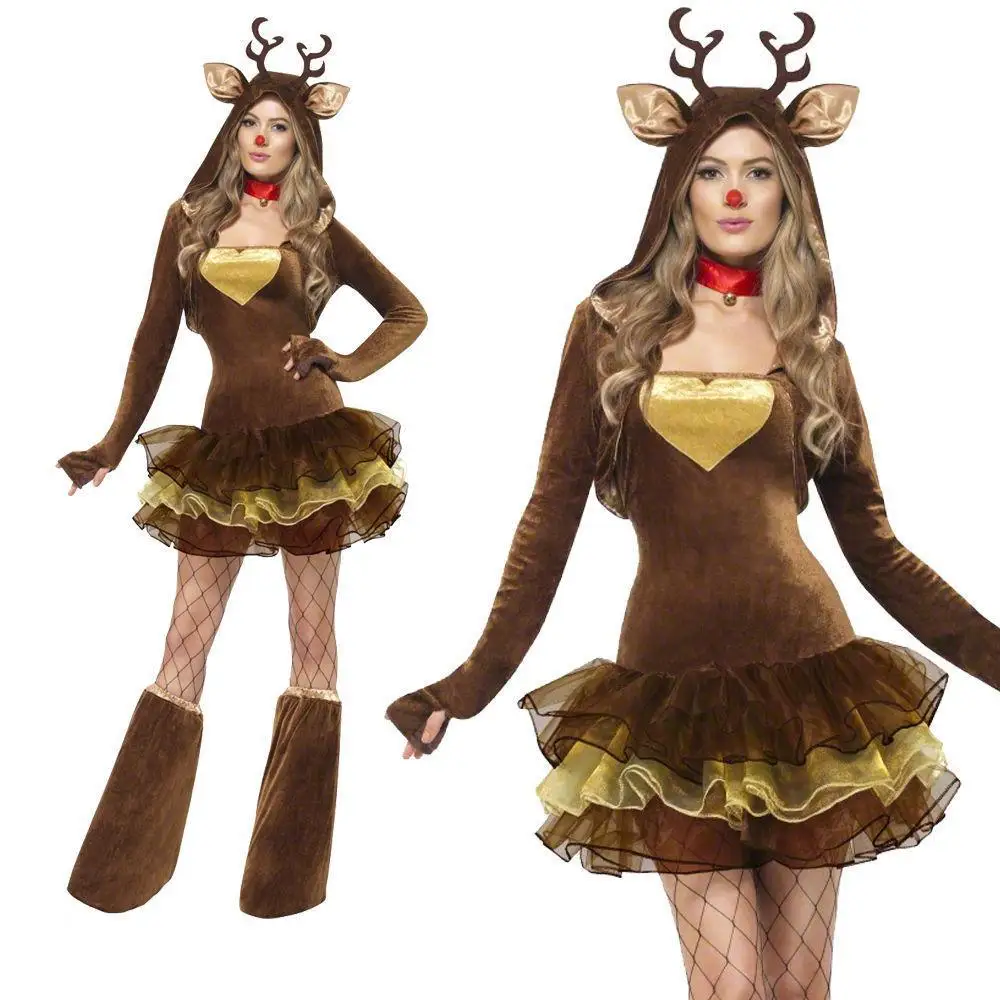 

New Women Christmas Cosplay Outfits Adults Reindeer Costumes Mesh Patchwork Dress + Foot Sleeves Performance Costumes