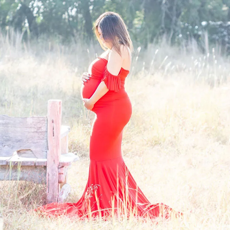 Vestidos de maternidad con cuello en V para sesi&oacute;n de fotos, vestido Sexy de manga con volantes para el embarazo, vestido Maxi elegante para fotograf&iacute;a, novedad de 2020-0