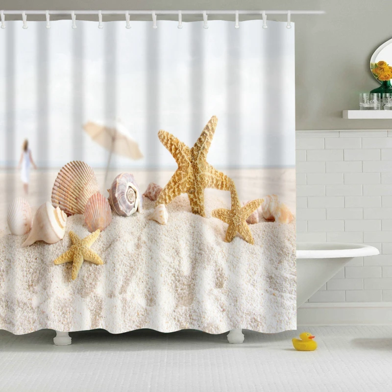 

Beach Conch Shower Curtains Starfish Shell Washable Bath Decor Waterproof Polyester Bath Screen Home Decoration
