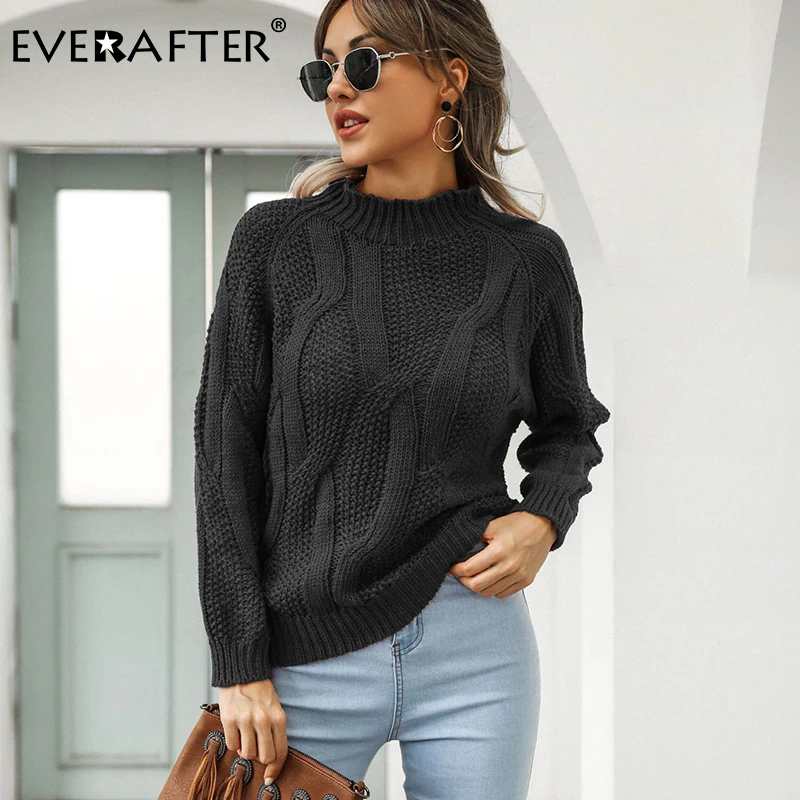 

EVERAFTER O-Neck Knitted Sweater Women Pullover Autumn Winter 2020 Knitwear Lantern Sleeve Casual Loose Solid Pullovers Jumper
