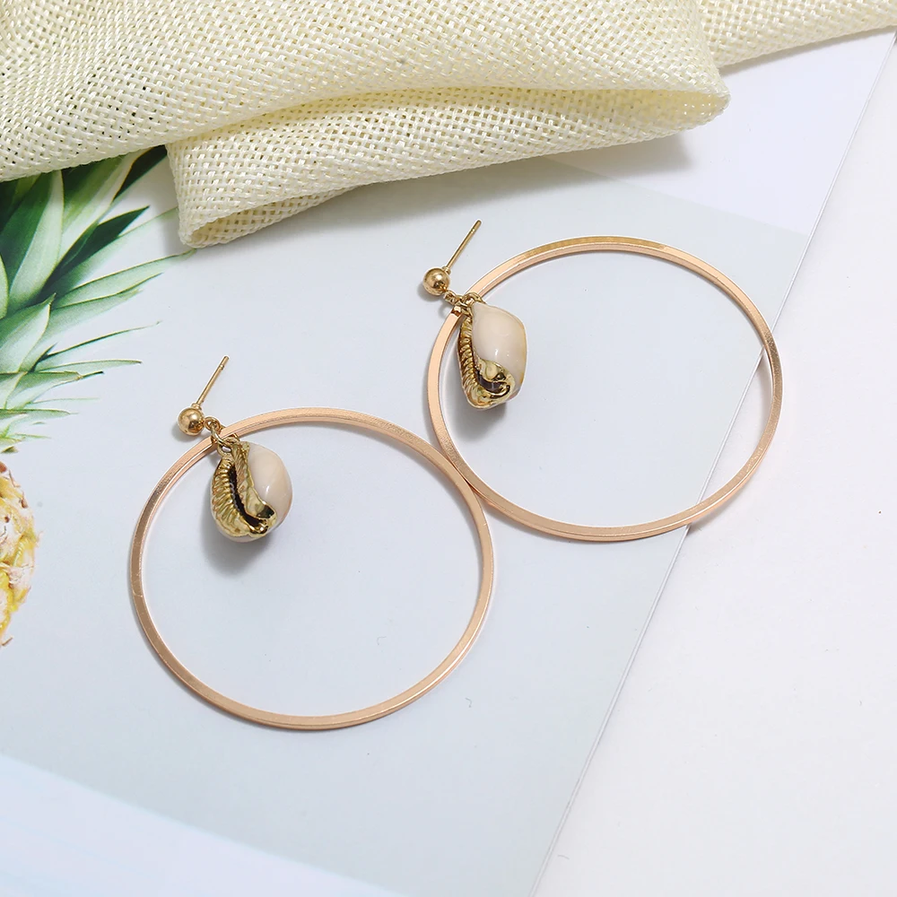 

2019 New Gold Metal Shell Drop Earring For Women Elegant Geometric Round Dangle Earrings Summer Statement Beach Female Jewelry