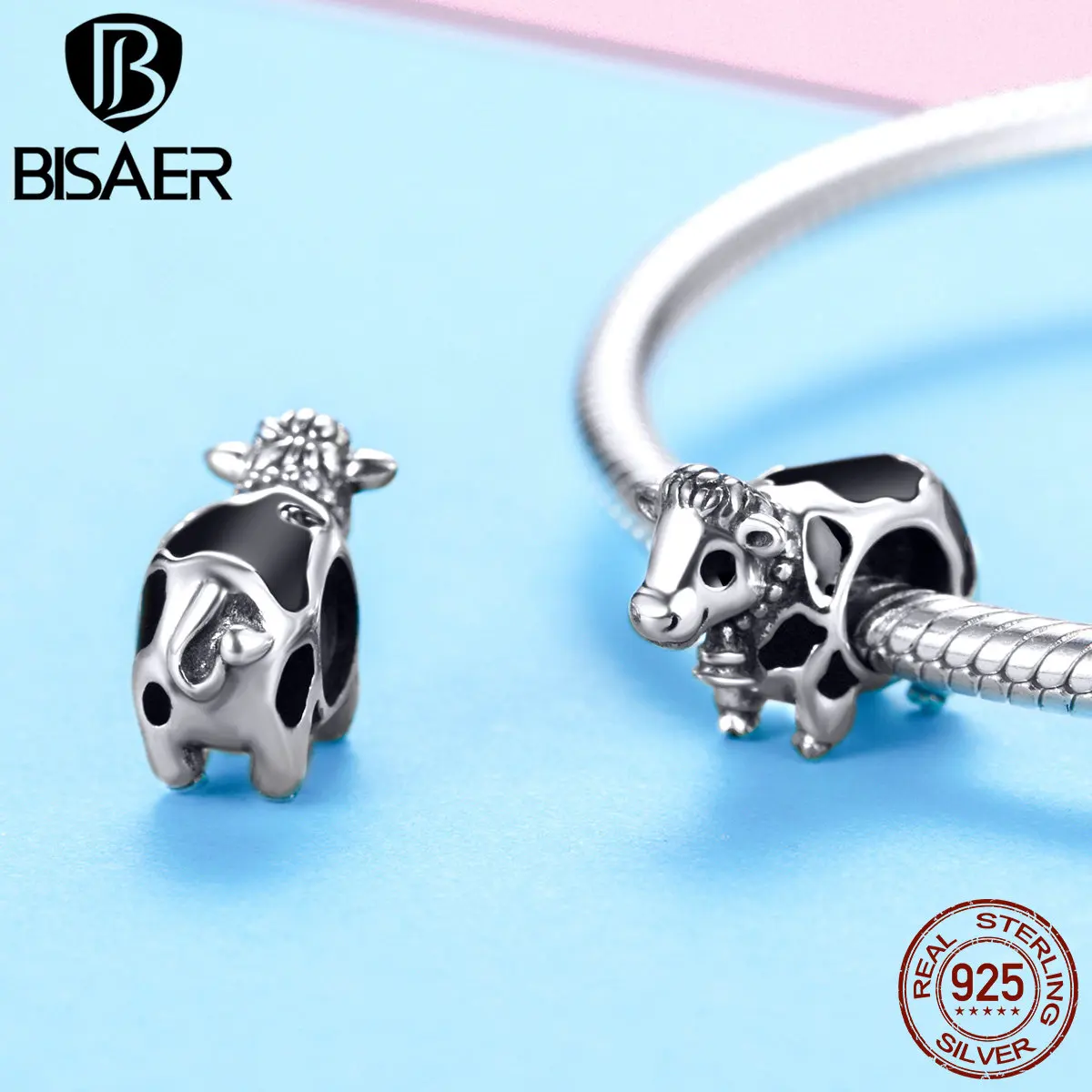 BISAER, 925 пробы, серебряный, черный и белый бык, корова, выберите муо, шарм, подходит для серебряного браслета, модное ювелирное изделие GXC1049