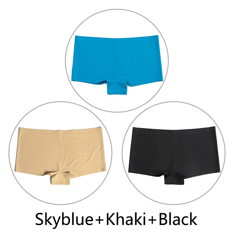Skyblue Khaki Black 3 шт./партия, большие размеры, трусы для мальчиков, Бесшовные шелк, однотонный, высокая талия, сексуальное нижнее белье, женское эластичное белье, SX-L, американский размер - Цвет: Skyblue Khaki Black
