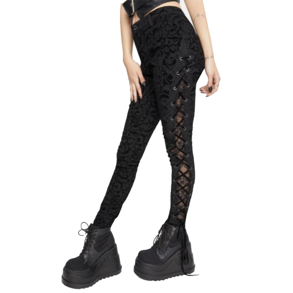 

Gothic Solid Color Bandage Lace Sexy Perspective Casual Pants Fashion High Waist Designer Hipster Trousers 2021 Summer New