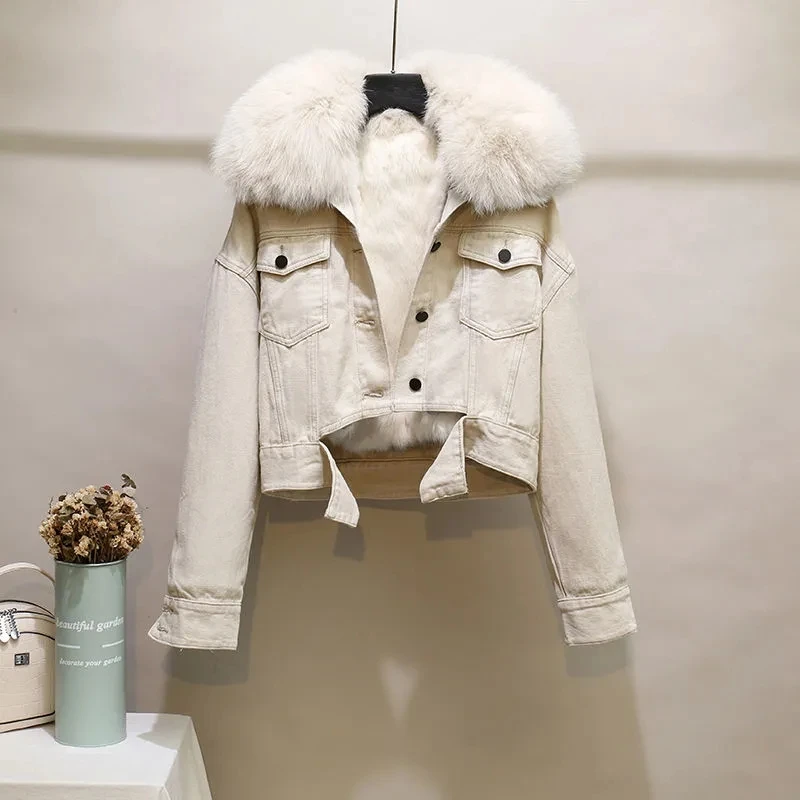 

Fashion Denim Parkas Women Winter Real Fox Fur Collar Rabbit Fur Liner Warm Loose Short Jacket Female