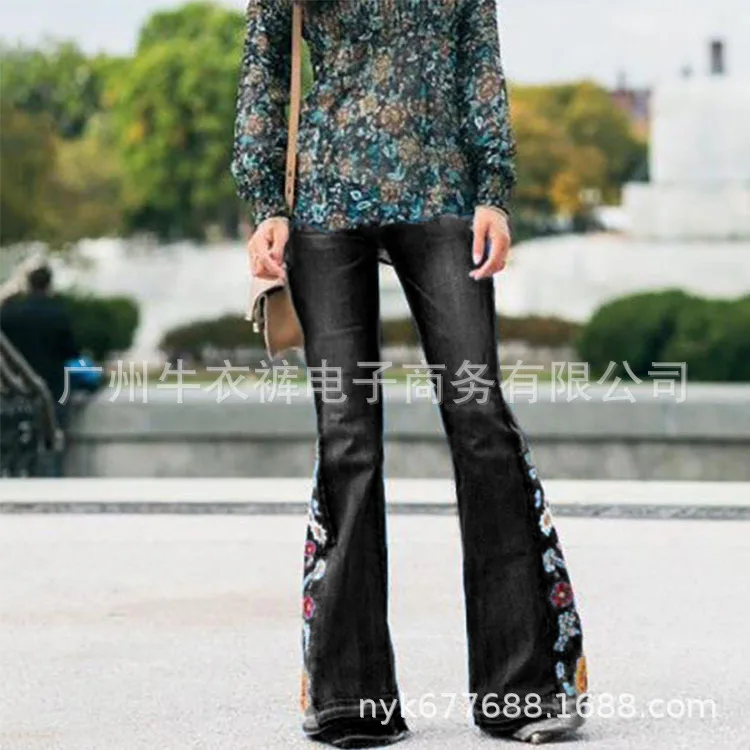 

Patchwork Floral Embroidery Women Elastic Skinny Flare Denim Pants Woman Autumn Jeans