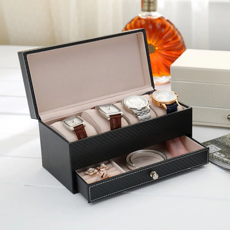

4 Seat Watch Storage Box Double Layer Synthetic Leather Multi Function Watch Storage Box Travel Jewelry Box Bracelet Earring Sto