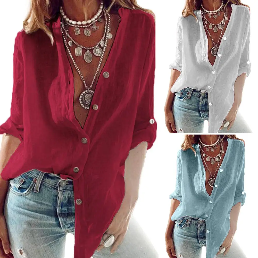 

Women Solid Color Long Sleeve Stand Collar Single-breasted Office Shirt Blouse Long Sleeve Cotton Blend Hand Wash All Match Soft