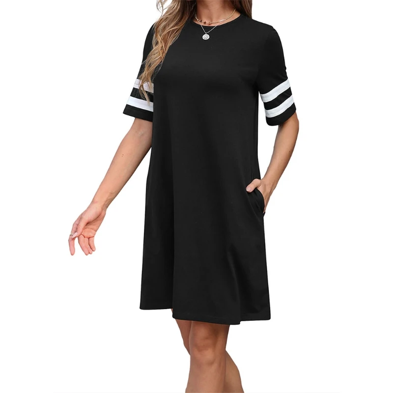 

Women Summer Short Sleeves Stripe Round Neck Loose Mini Dress Female Casual T-Shirt Dress