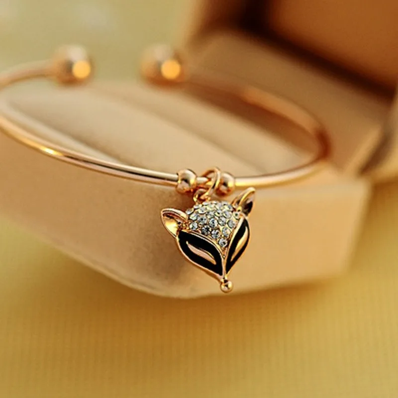 

Women Lady Female Gold Color Animal Fox Charm Bracelet, Crystal Rhinestone Bangle, Fox Charm Bracelet