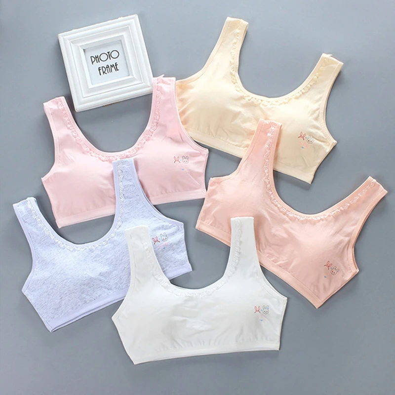 

Young Girls Cotton Sports Training Bra Wide Strap Lace U-Neck Puberty Bralette Cartoon Rabbit Print Wirefree Padded Vest Crop To
