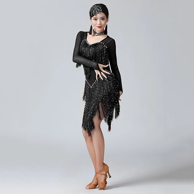Женское цельнокроеное платье с бахромой для латиноамериканских танцев |