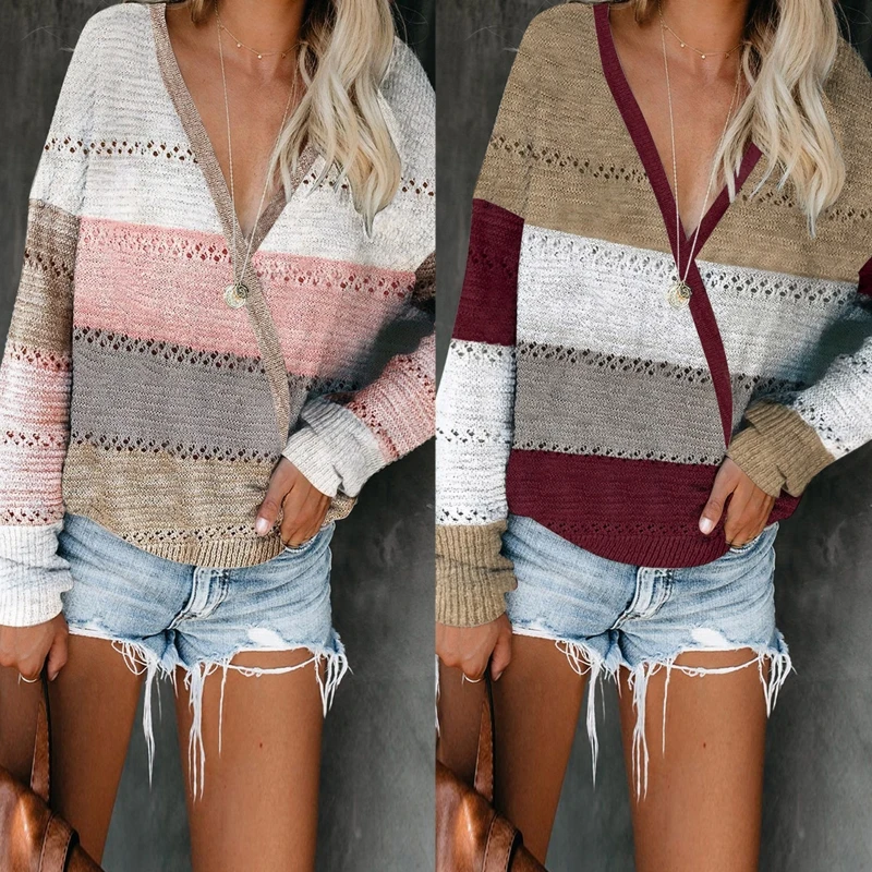 

Women Autumn Long Sleeve Sweater Sexy Faux Wrap Deep V-Neck Pullover Tops Color Block Stripes Hollow Out Knitted Loose Jumper St