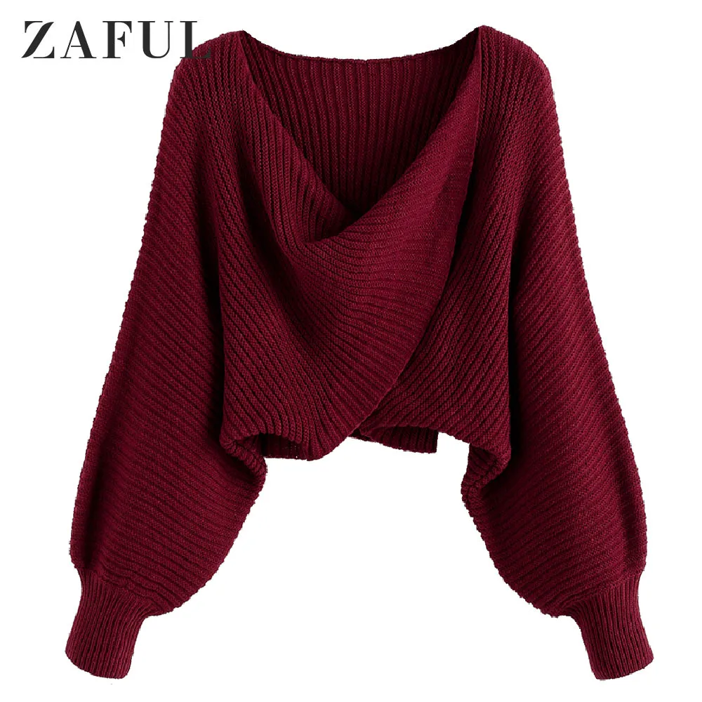 

ZAFUL Asymmetric Twist Crop Sweater For Women V-Neck Solid Sweater Solid Color Tops Young Lady Pullovers Active Fashion 2020