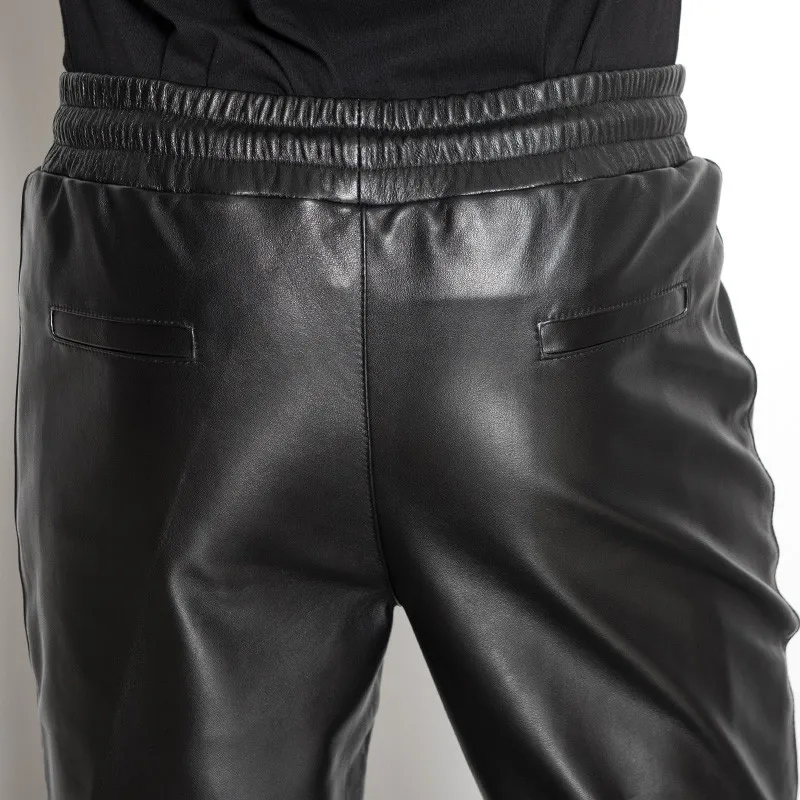 

High Quality Mens Genuine Leather Full Length Trousers Fashion Drawstring Waist Motorcycle Sheepskin Slim Fit Windproof Pants