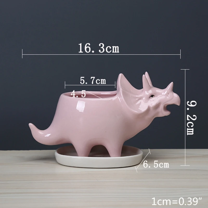 

Small Succulent Pots with Drainage Tray, Glazed White Ceramic Pot Triceratops for Indoor Succulent Planters Home Office