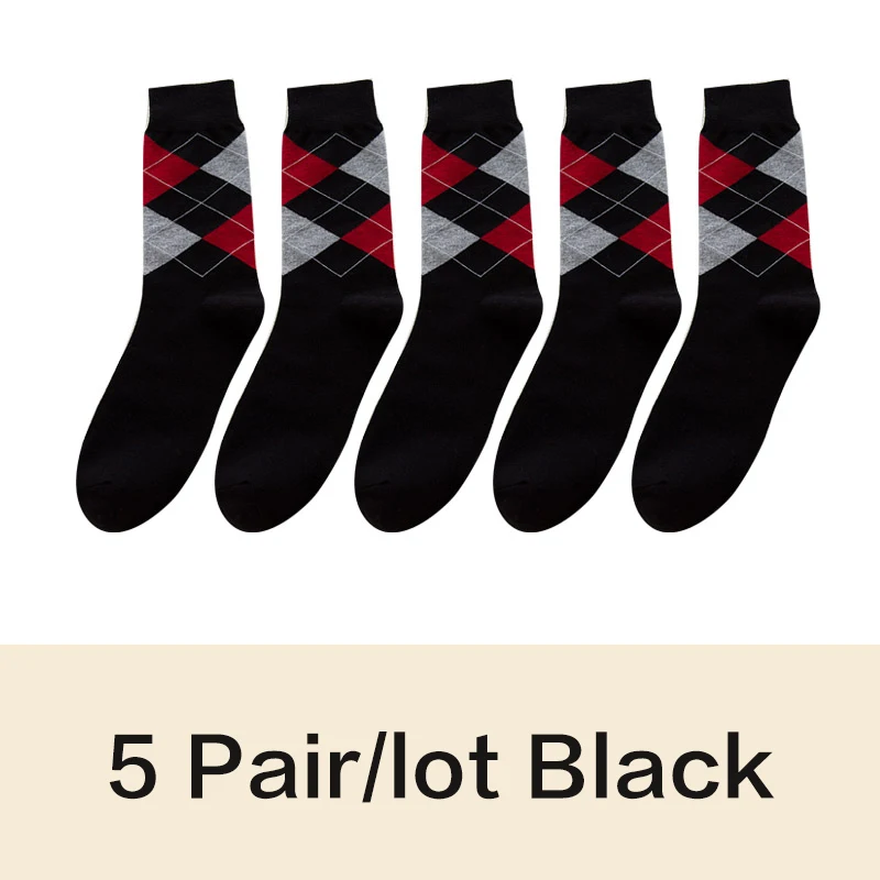 5pairs black Высокое качество, весна-осень, мужские хлопковые носки, британский стиль, ромбовидная линия, с принтом, повседневные носки в деловом стиле, подарки для мужчин, 5 пара/лот - Цвет: 5pairs black