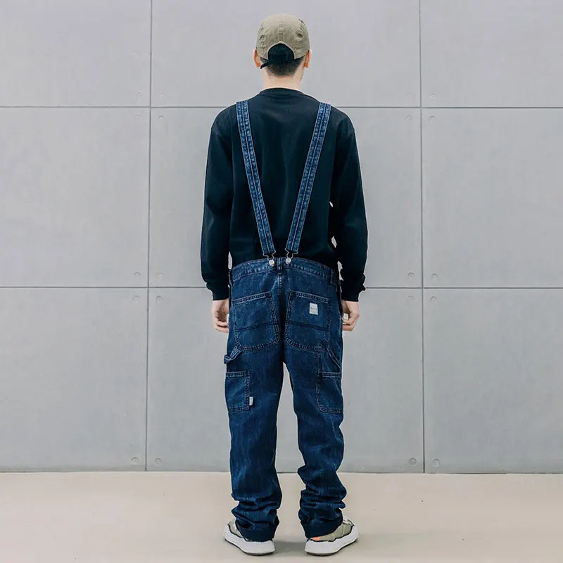 2021 Fashion Jeans Overalls Men's Denim Jumpsuits High Street Straight Loose Hip Hop Cargo Bib Pants Cowboy Blue Trousers