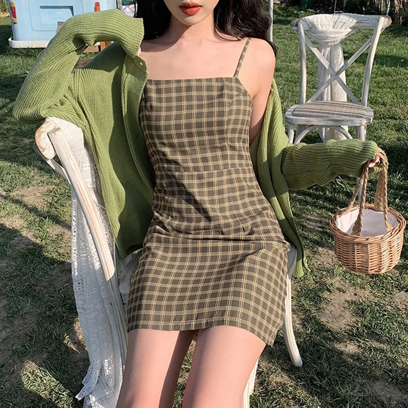 Платье женское клетчатое с открытой спиной пикантный приталенный сарафан в