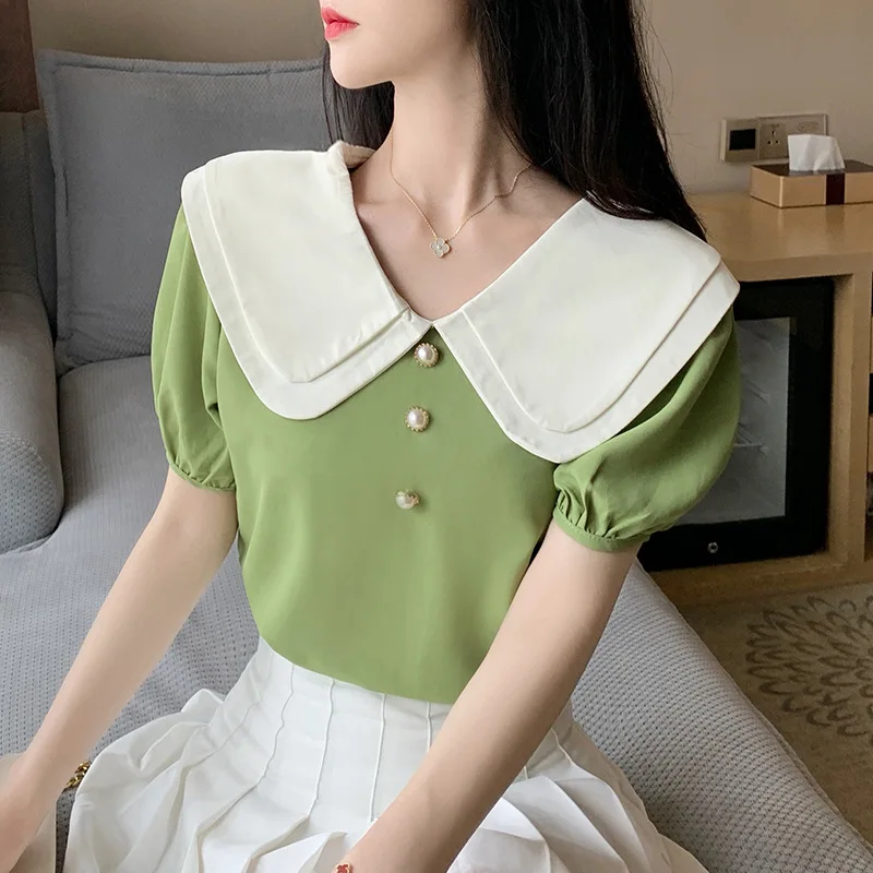 

pure cotton Women Avocado Green top 2020 Summer College style collar loose Sweet Chiffon Short Sleeve Female Splicing Blouse