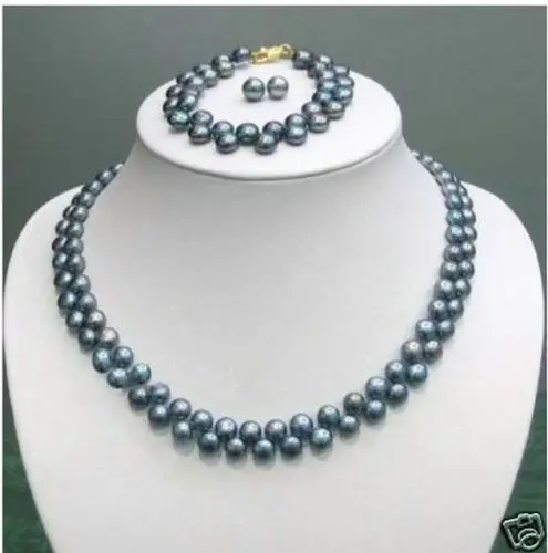 Горячая быстрая + 7 8 мм Черный Akoya Жемчужное ожерелье браслет серьги 18 &quotнабор