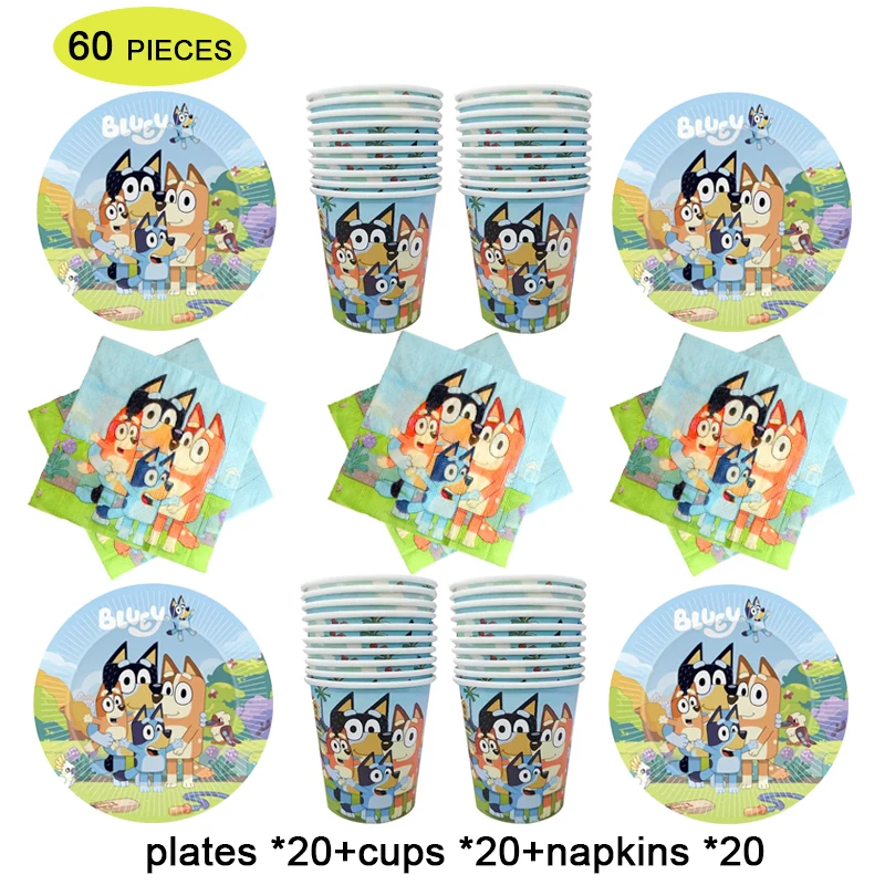 

60pcs Cartoon Bluey Theme Party Supplies For Kids Birthday Party Bluey Plates Cups Napkins Tableware Baby Shower Decorations Set