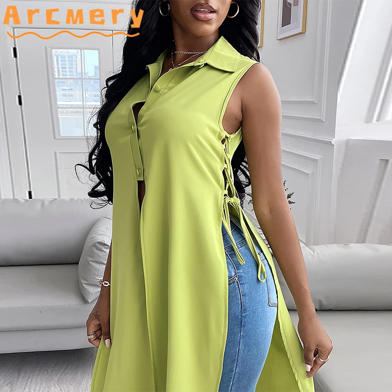 

Women Turn Down Collar Lace Up Button Design Long Shirt