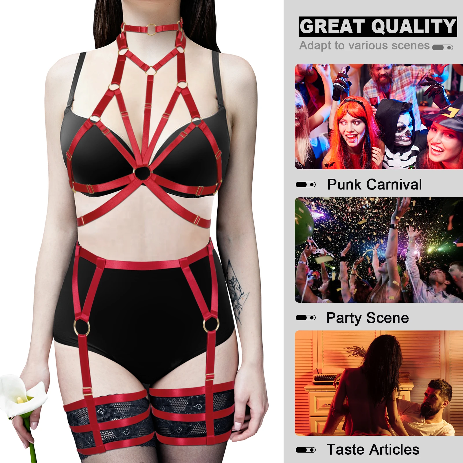 

Женский Готический комплект из 2 предметов, сексуальный бюстгальтер с высокой горловиной и ремнями, подвязки, бандаж для ног, ремни в клетку, фетиш, эротическое белье