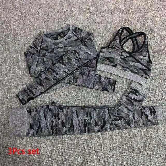 Black 3 Pcs set 3 шт., камуфляжный бесшовный комплект для йоги, леггинсы с высокой талией, спортивный бюстгальтер с длинным рукавом, укороченный Топ для женщин, одежда для бега, спортивный костюм для фитнеса - Цвет: Black 3 Pcs set