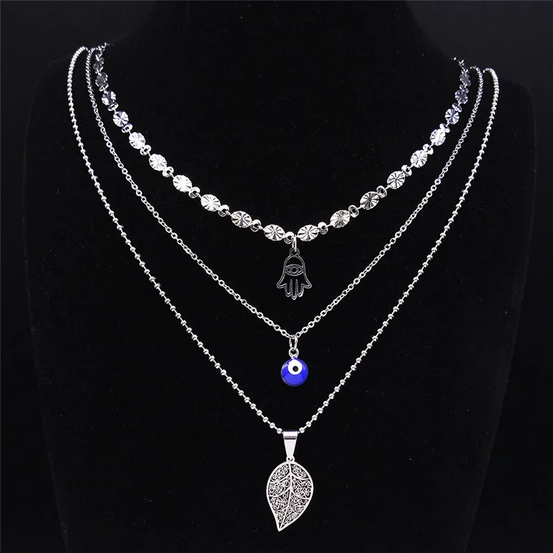 

3pcs Stainless Steel Islam Hamsa Hand Layered Necklace Women Silver Leave of Life Jewelry collar acero inoxidable mujer NXS04