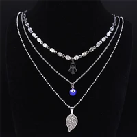 3pcs stainless%c2%a0steel islam hamsa hand layered necklace women silver leave of life jewelry collar acero inoxidable mujer nxs04