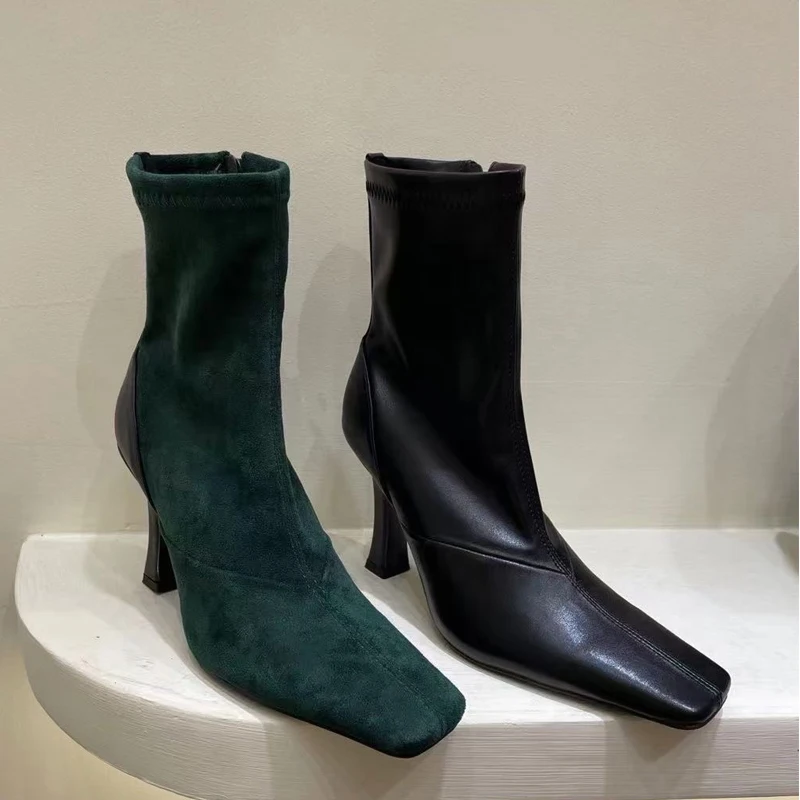 

Fashion Women Ankle Boots Square Toe Sock Boots Stretch Shoes Thin High Heels Side Zipper Fashion Party Pumps Dress Booties 39