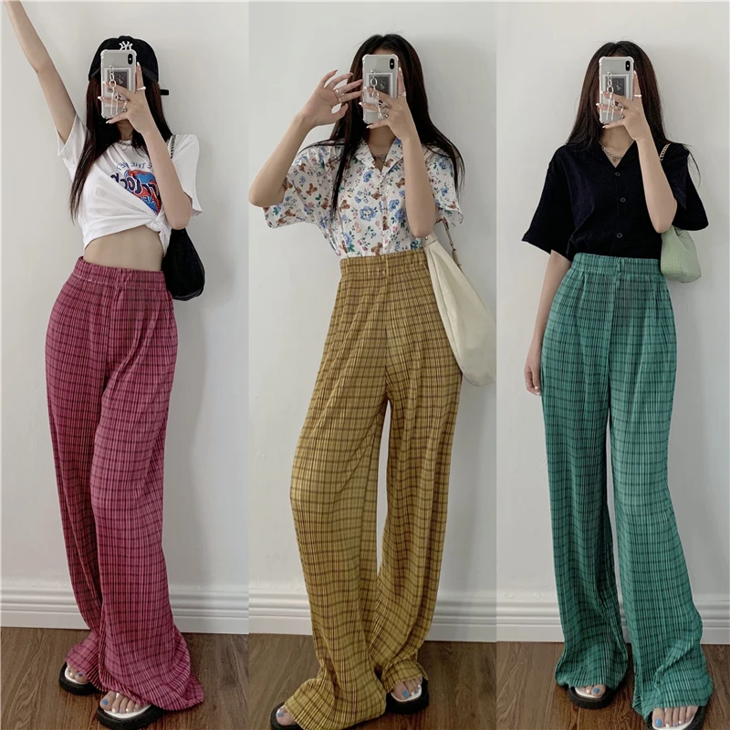 

Vintage Wide Leg Pants Women Casual Loose Trousers 2021 Summer New High Waist Plaid Pantalones Femme Korean Fashion