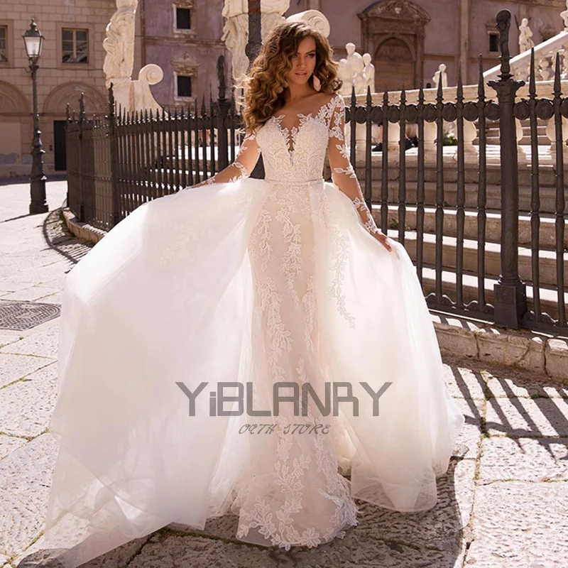 

Роскошное свадебное платье-Русалка с длинным рукавом, со съемным шлейфом, 2 в 1, Кружевная аппликация, возлюбленная, Свадебный заказ