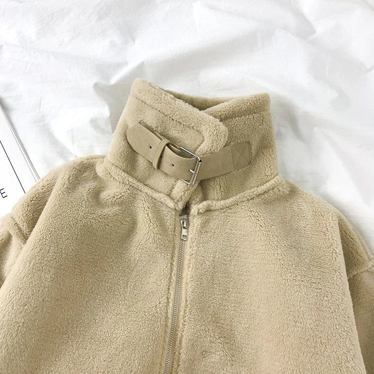 

Lamb wool coat women 2021 new winter all-match Korean style loose mid-length stand-up collar leather button plush jacket fashion