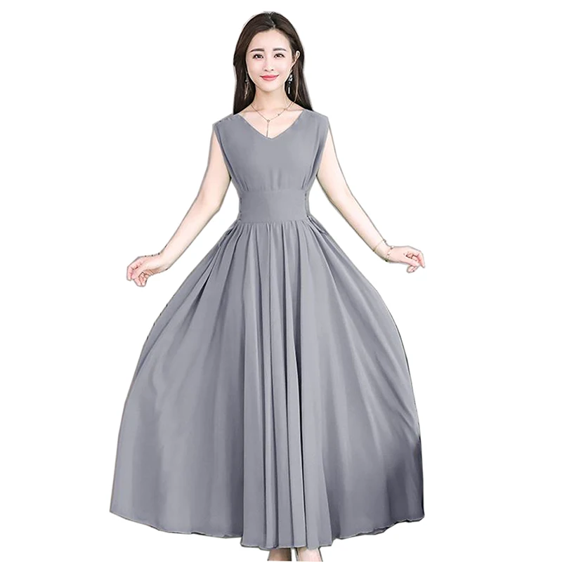 

2020 Bohemian Womens Summer Chiffon Dresses Plus Size 4XL Pleated Long Dress Short sleeve Beach Dress Solid Pretty Vestido