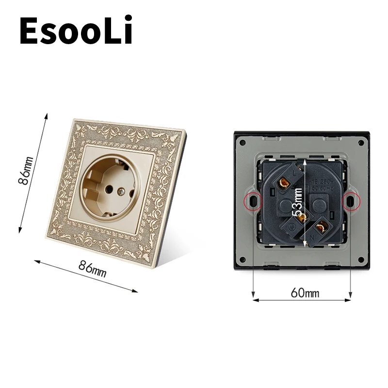 EsooLi 16A EU Standard Gold Power Socket 4D Embossing Retro Zinc Alloy Panel Wall AC 110~250V | Обустройство дома