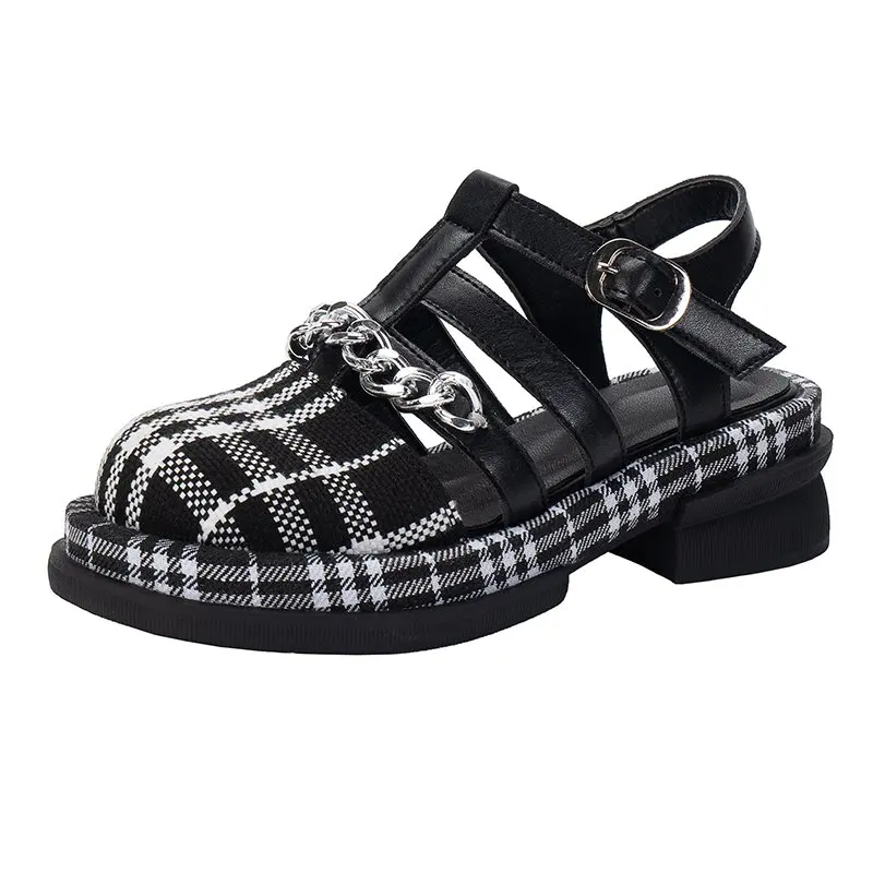 

RIBETRINI Brand T-Strap Round Toe Summer Sandals Buckle Black Plaid Platform Chunky Heel Cool Cutout Elegant Metal Women Shoes