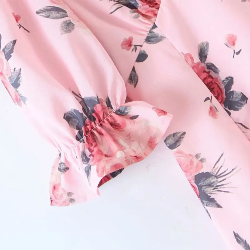 

KNOYEER Pink Floral Print Mini Dresses For Women 2021 Vintage VNeck Flare Sleeve Ruffles Short Summer Dress Boho Casual Vestidos