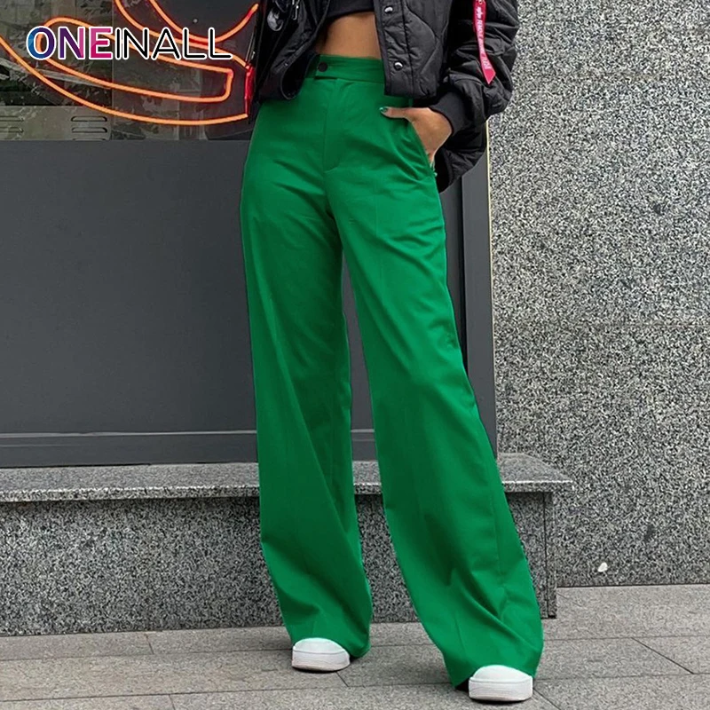 

ONEINALL Green Casual Pants For Females High Waist Solid Minimalist Patchwork Women's Wide Leg Trousers 2021 Autumn New Clothing