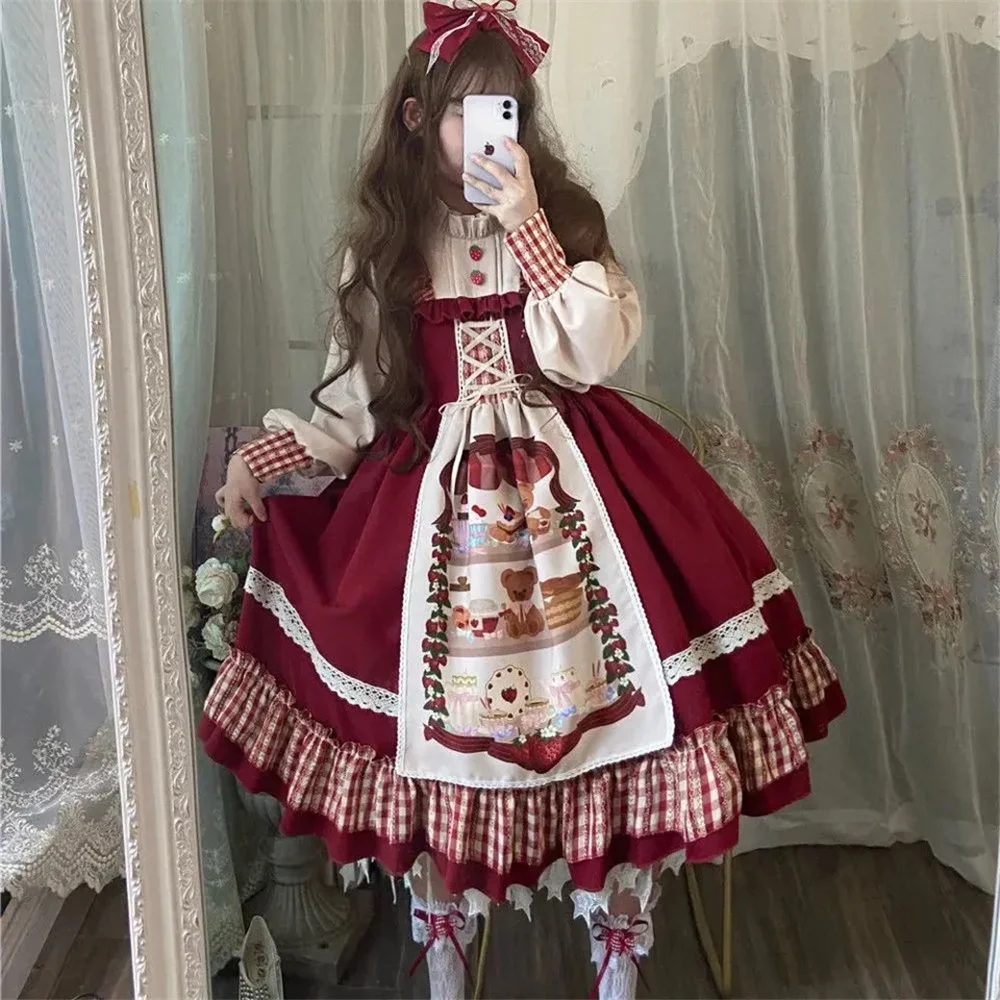 

Lolita Dress Sweet Girl Christmas Printing Red Costume Vintage Ruffles Cloak Berry Maiden Op Long Sleeve Japanese Style Clothing
