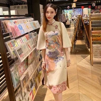 retro chinese style loose long sleeve cheongsam woman new fashion spring and summer girly mid length sweet chinese dress qipao