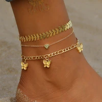 new multilayer heart shaped butterfly pendant anklet set womens retro bohemian summer beach anklets bracelet girl jewelry